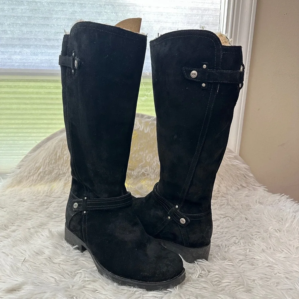UGG Jillian Shearling Lined Black Suede Riding Zip Tall Winter Boots sz 7